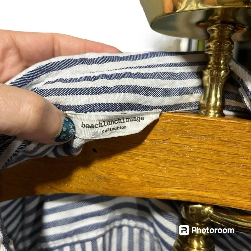 BEACH LUNCH LOUNGE ~ Bundle of Two Large Striped Rayon Lyocell Tops Green Blue - Picture 12 of 15